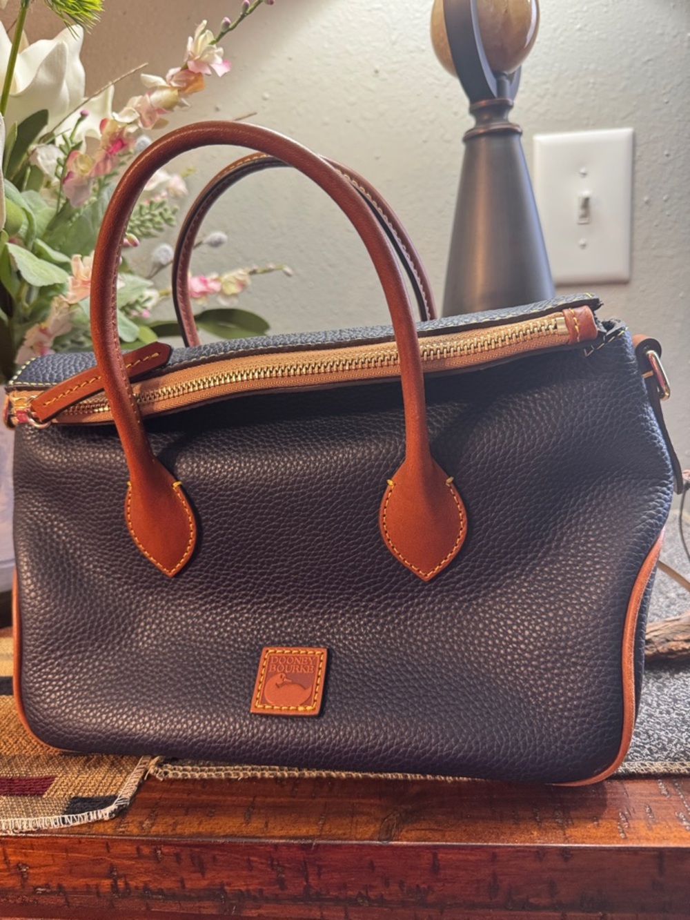 Dooney & Bourke Navy Pebbled Leather Crossbody Satchel with Brown Trim - Picture 10 of 10